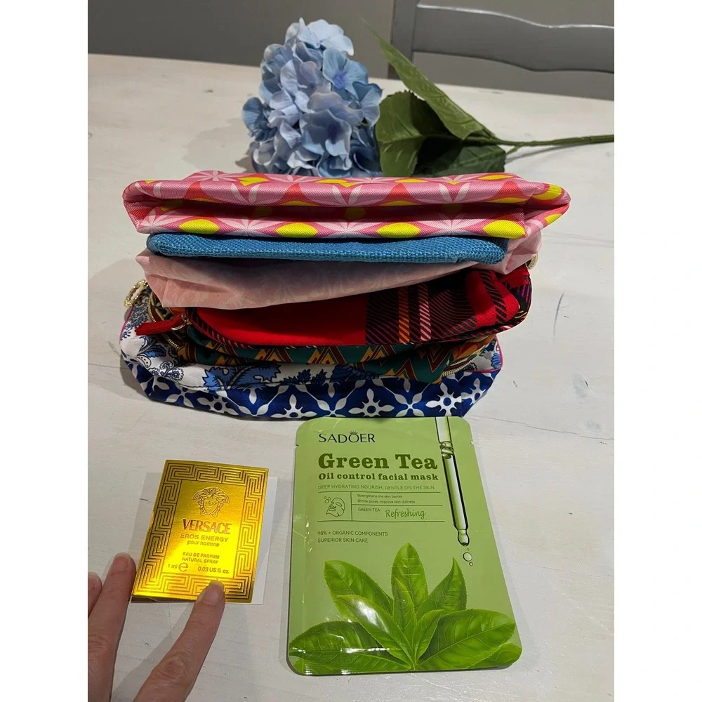 6 Cosmetic Bag Bundle Makeup Travel Accessories plus Versace Sample and‎  Mask